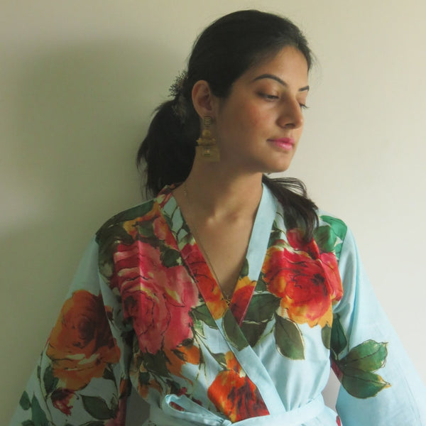 Light Blue Big Floral Knee Length, Kimono Crossover Belted Robe