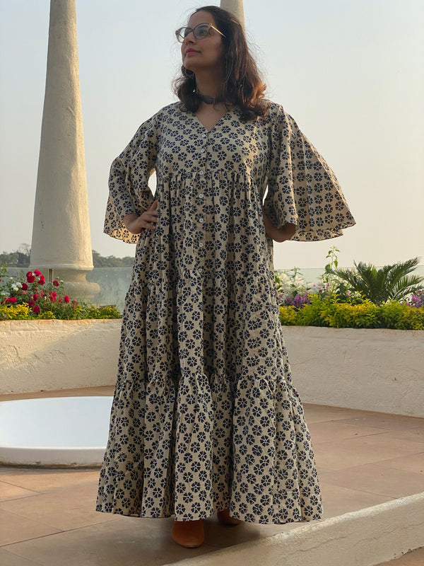 Ivory Blue Floral Motif Hand-Block Front Buttoned Tiered Dress