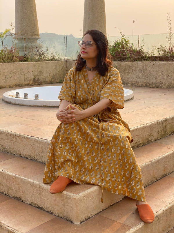 Mustard leafy Motif Hand-Blocked Caftan with V-Neck, Cinched Waist and Available in both Knee and Ankle Length