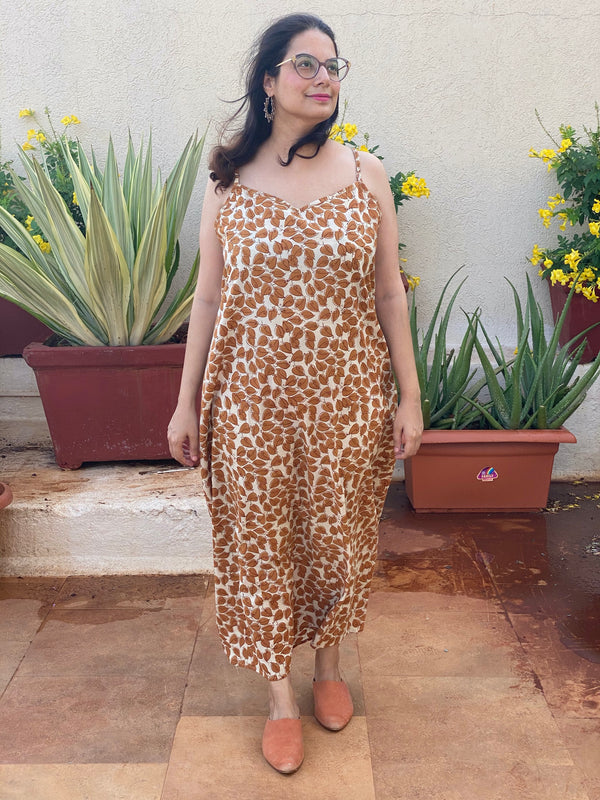 Ivory Mustard Leafy Motif Hand Block Organic Cotton Spaghetti Night gown