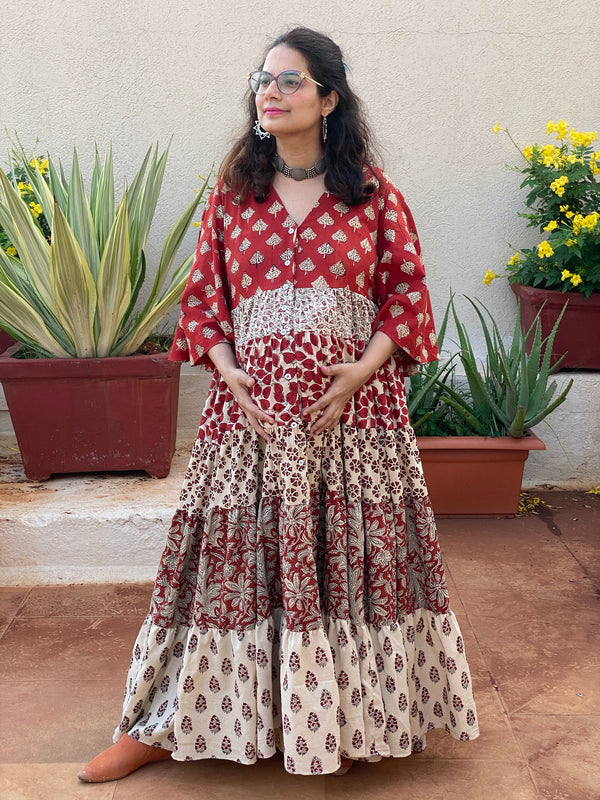 Mixed Patterns Red & Ivory Hand-Block Front Buttoned 5-Tier Maternity Dress