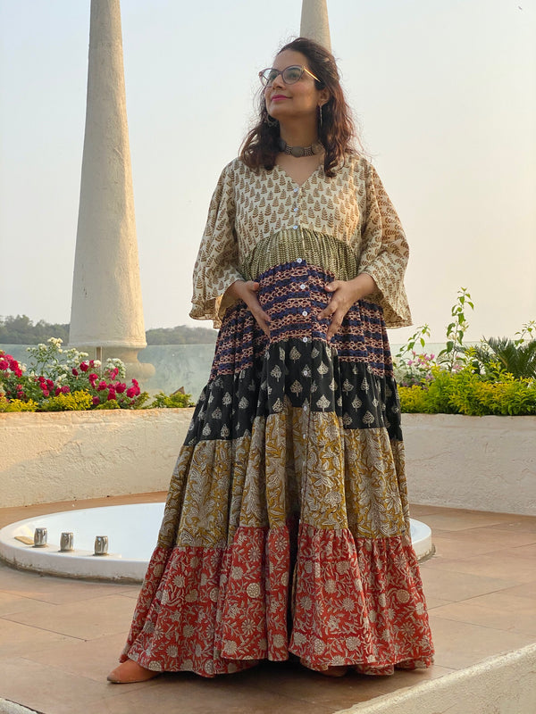 Mixed Patterns Hand-Block 5-Tier Front Buttoned Maternity Dress