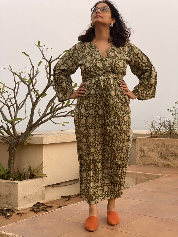 Green Floral Motif Geometric Motif Hand Block Printed Kimono Robe | Available in both Knee and Ankle Length