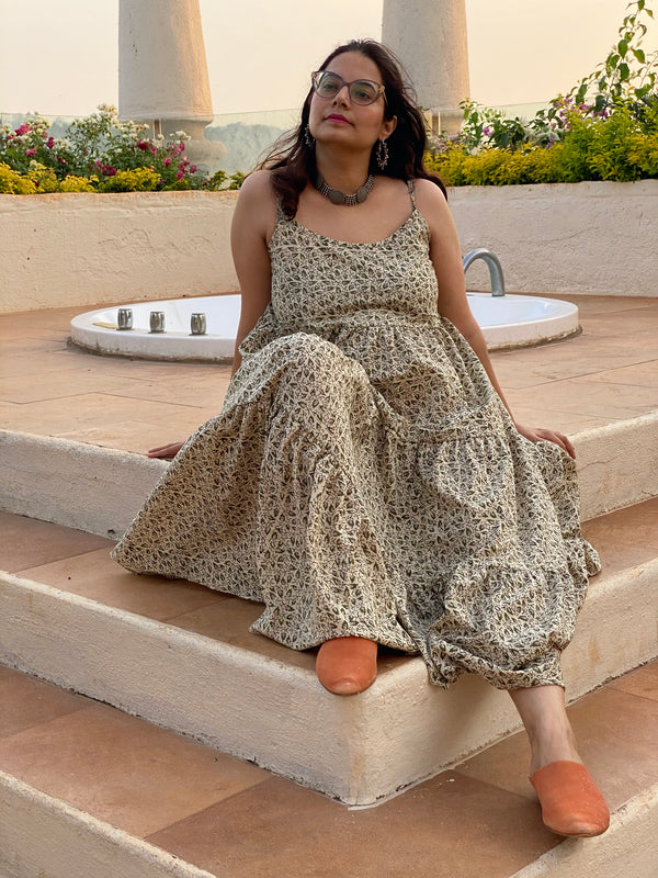 Spaghetti Ivory Green Tiny Leafy Motif Hand-Block Printed Tiered Dress