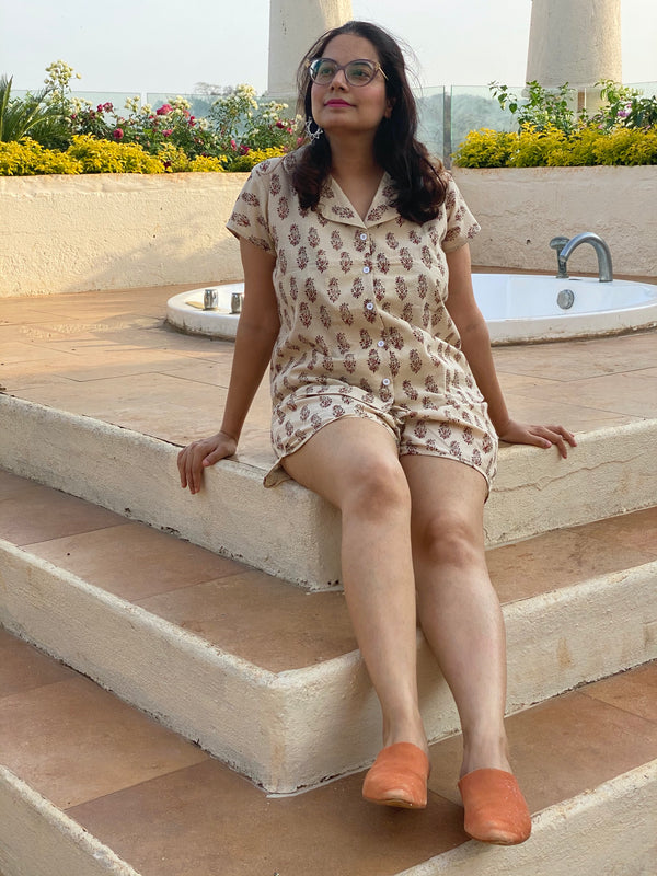 Ivory Paisley Motif Hand Block Printed Pjs | Organic Cotton Notched Collared Front Buttoned Pajama Set