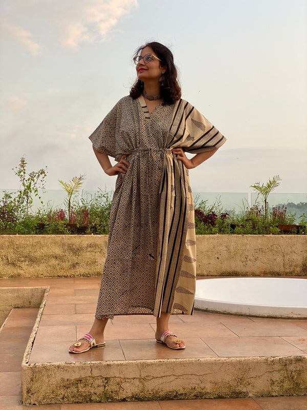 Ivory Black Leafy Bordered Hand Block Printed Caftan with V-Neck, Cinched Waist and Available in both Knee and Ankle Length