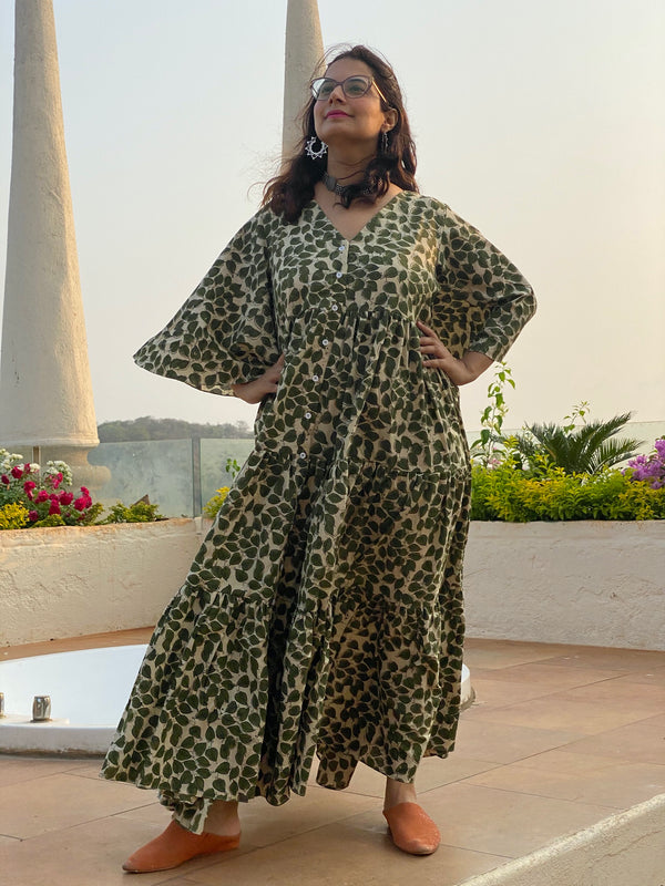 Ivory Green Leafy Motif Hand-Block Printed Front Buttoned Tiered Dress