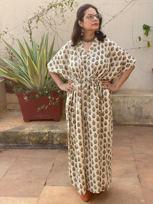Ivory Mustard Paisley Motif Hand Block Printed Caftan with V-Neck, Cinched Waist and Available in both Knee and Ankle Length