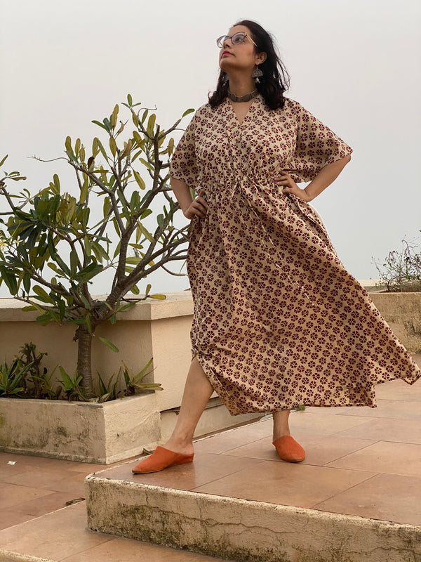 Ivory Red Floral Motif Hand Block Printed Caftan with V-Neck, Cinched Waist and Available in both Knee and Ankle Length