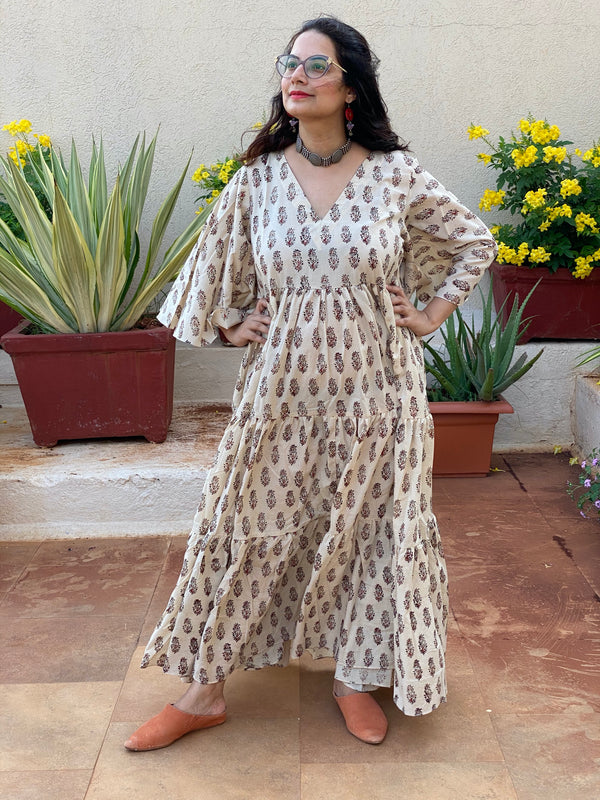 Ivory Red Paisley Motif Hand-Block Tiered Dress