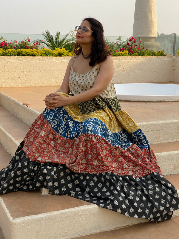 Mixed Colors Hand Block Printed 5 Tiered Spaghetti Dress