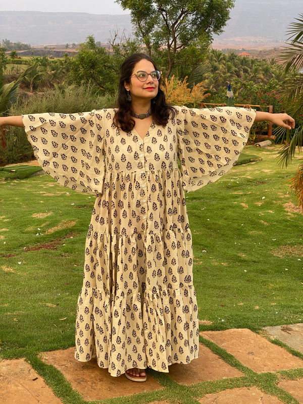 Ivory Black Paisley Motif Hand-Block Printed Front Buttoned Tiered Dress
