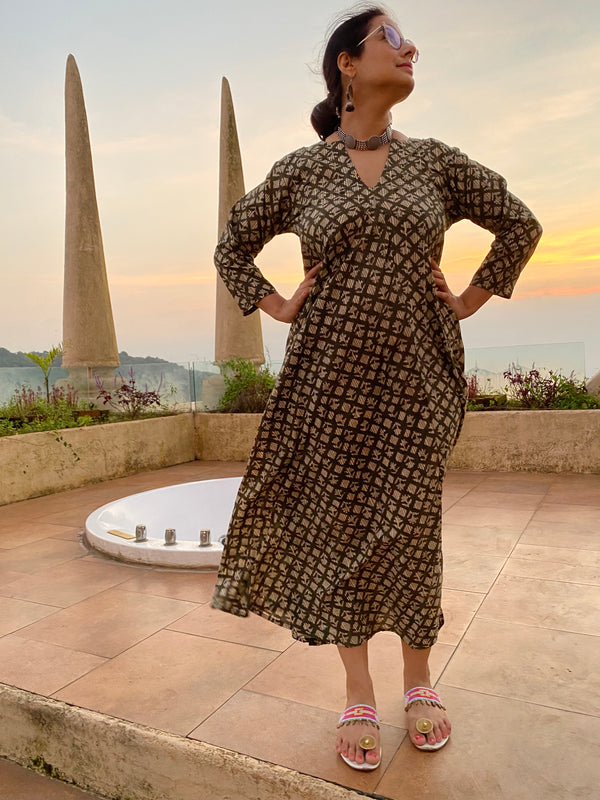 Green Diamond Motif Hand-Blocked Free Flow Dress | Available in both Knee and Ankle Length