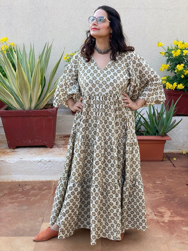 Ivory Mustard Floral Motif Hand-Block Printed Tiered Dress