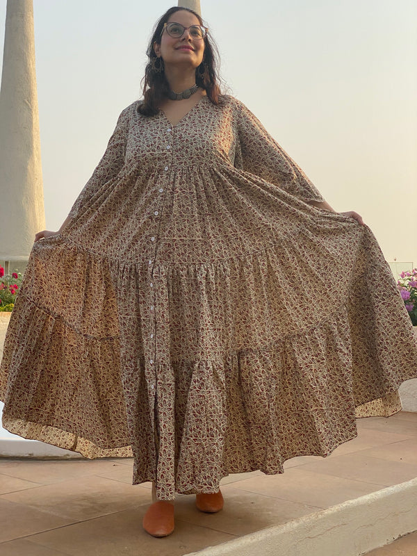 Ivory Red Tiny Leafy Motif Hand-Block Tiered Dress