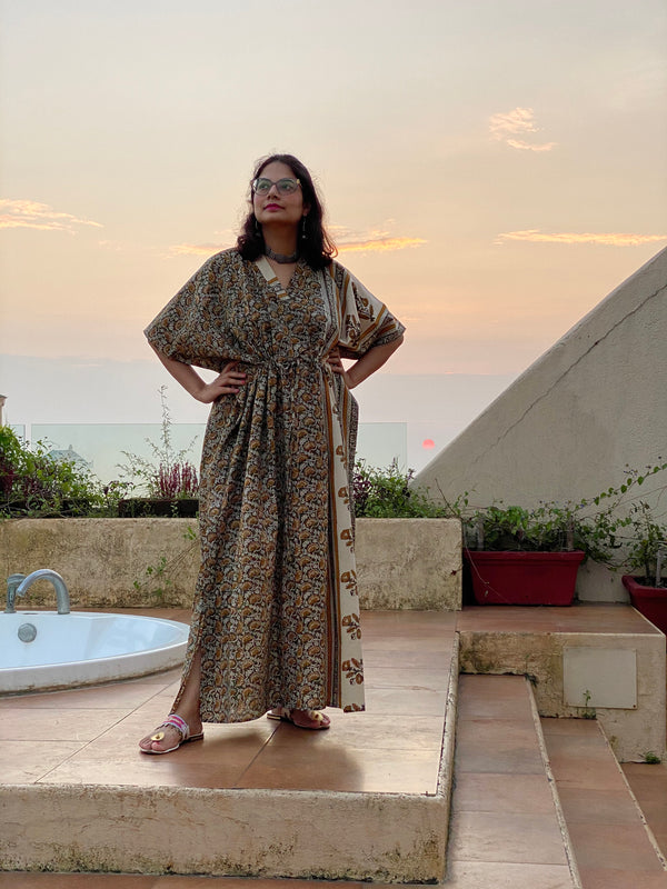 Green Ivory Floral Bordered Hand Block Printed Caftan with V-Neck, Cinched Waist and Available in both Knee and Ankle Length