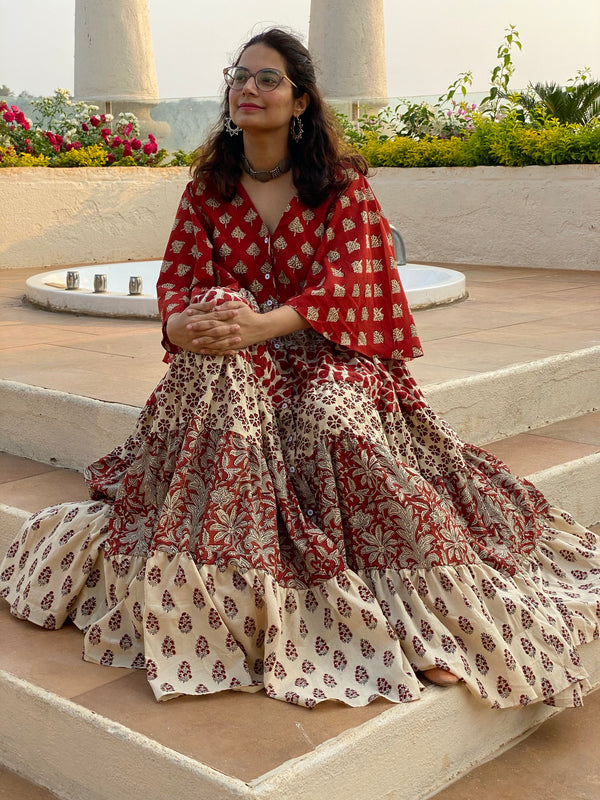Ivory Red Mixed Hand Block Printed Front Buttoned 5 Tiered Dress