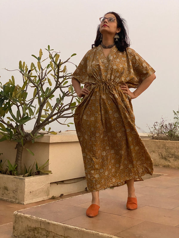 Mustard Floral Motif Hand-Blocked Kaftan with V-Neck, Cinched Waist and Available in both Knee and Ankle Length