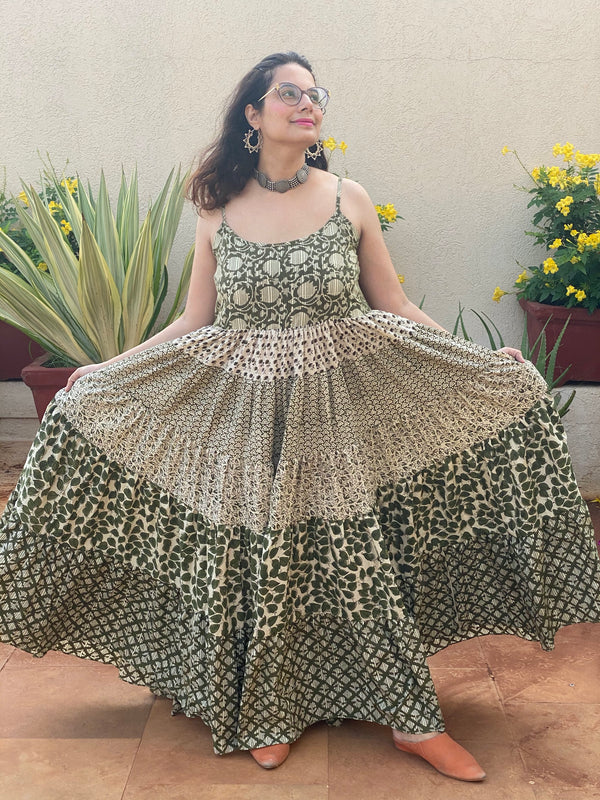 Ivory Green Mixed Hand Block Printed 5 Tiered Spaghetti Dress