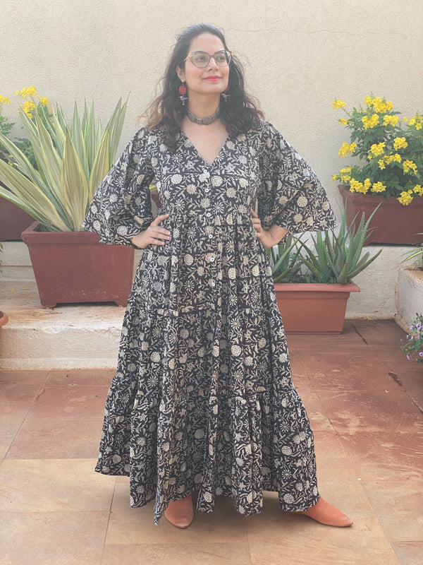 Black Floral Motif Hand-Block Tiered Dress