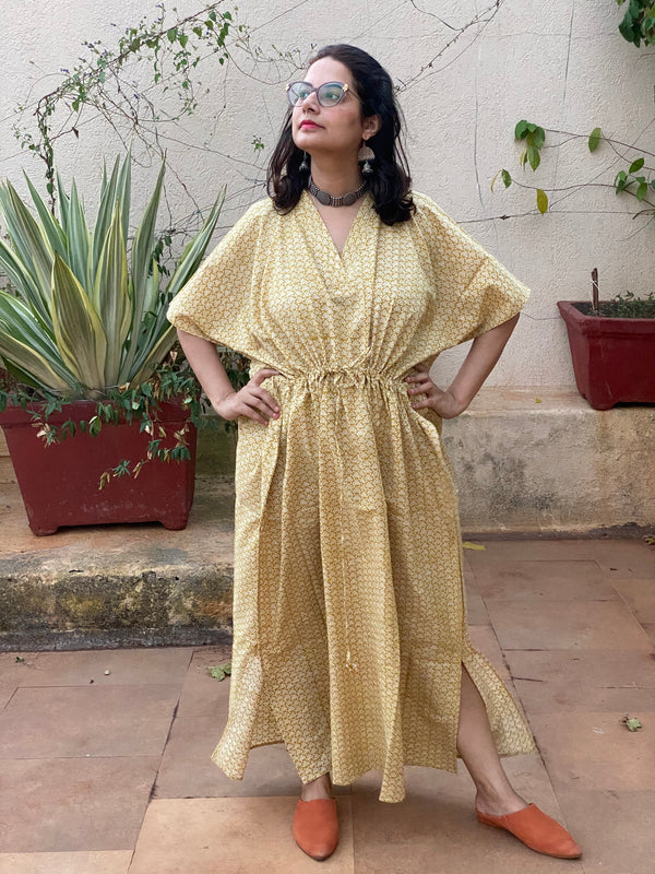Yellow Triangle Motif Hand Block Printed Caftan with V-Neck, Cinched Waist and Available in both Knee and Ankle Length