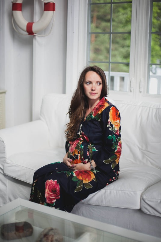 Black Big Floral Ankle length Maternity Robe
