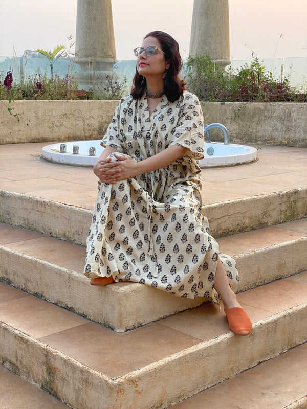 Cream Floral Motif Hand-Blocked Kaftan with V-Neck, Cinched Waist and Available in both Knee and Ankle Length