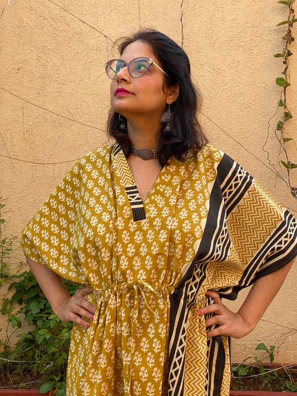 Mustard Black Bordered Hand Block Printed Caftan with V-Neck, Cinched Waist and Available in both Knee and Ankle Length