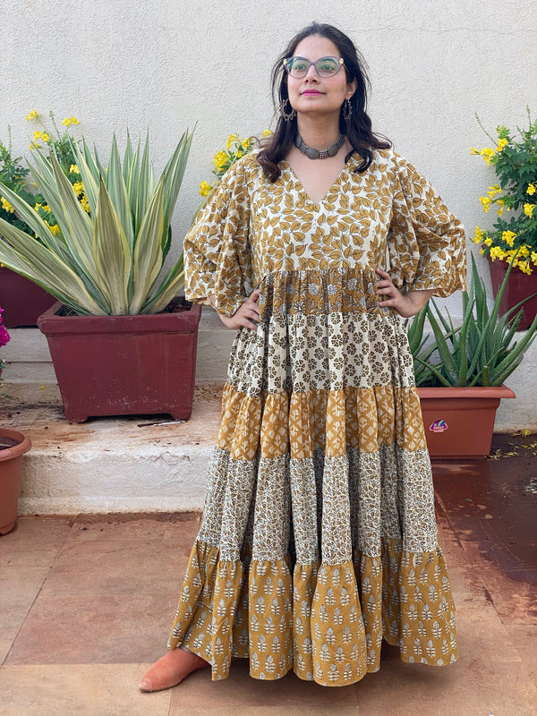 Mustard Gold and Ivory Mix 5 Tiered Dress in Hand-Block Print