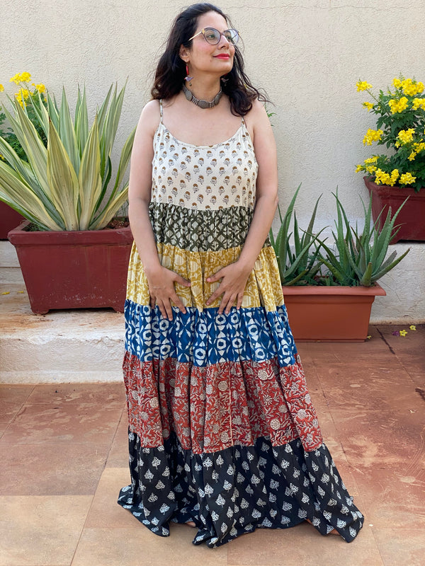 Mixed Colors Hand Block Printed 5 Tiered Spaghetti Dress