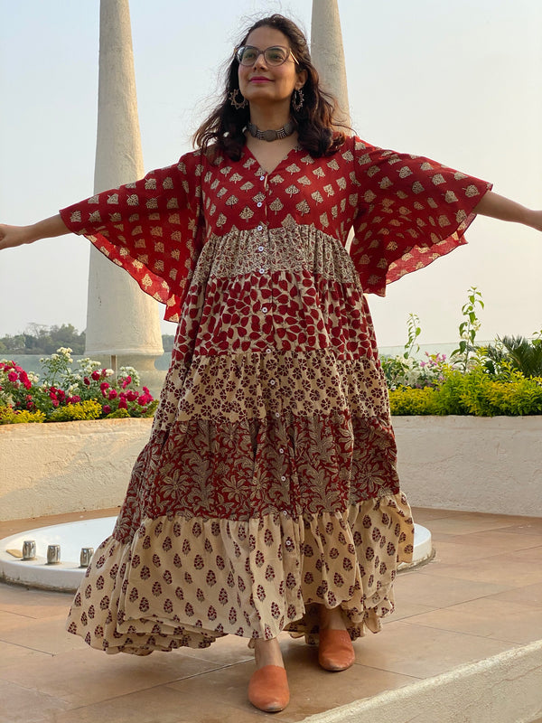 Ivory Red Mixed Hand Block Printed Front Buttoned 5 Tiered Dress