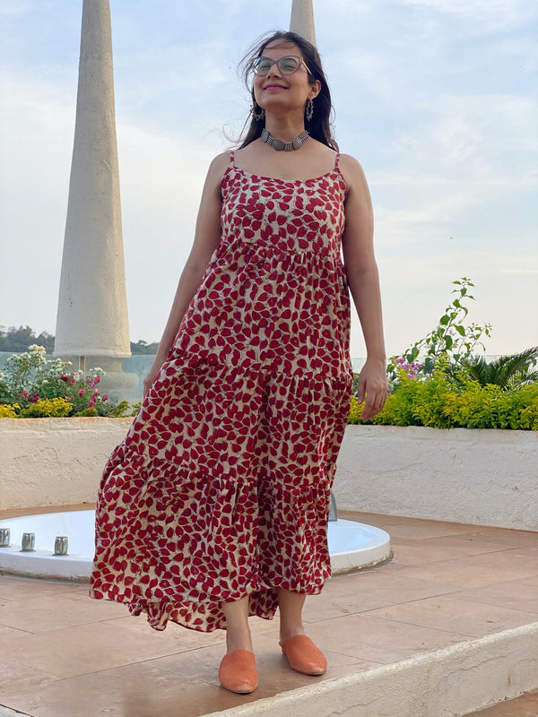 Spaghetti Red Leafy Motif Hand-Block Printed Tiered Dress