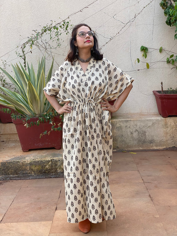 Cream Floral Motif Hand-Blocked Kaftan with V-Neck, Cinched Waist and Available in both Knee and Ankle Length