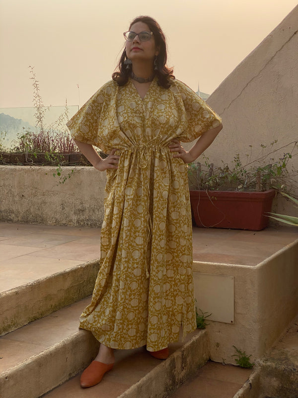 Mustard Lotus Motif Hand Block Printed Caftan with V-Neck, Cinched Waist and Available in both Knee and Ankle Length