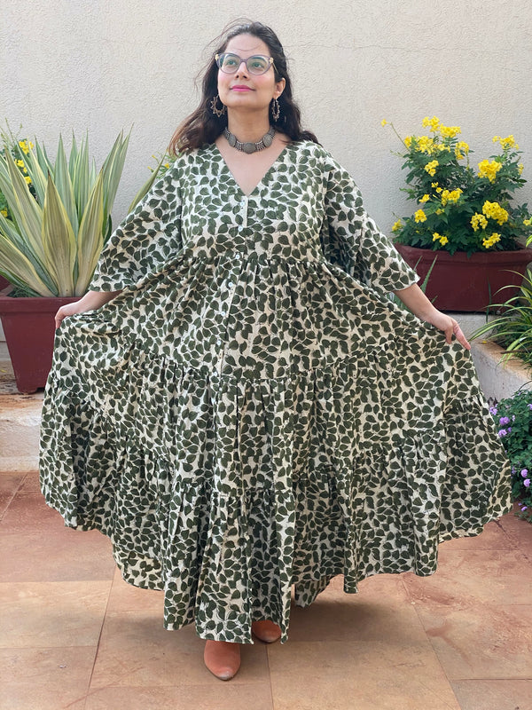 Ivory Green Leafy Motif Hand-Block Printed Front Buttoned Tiered Dress