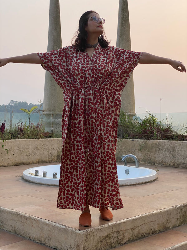 Ivory Red Leafy Motif Hand-Blocked Kaftan with V-Neck, Cinched Waist and Available in both Knee and Ankle Length