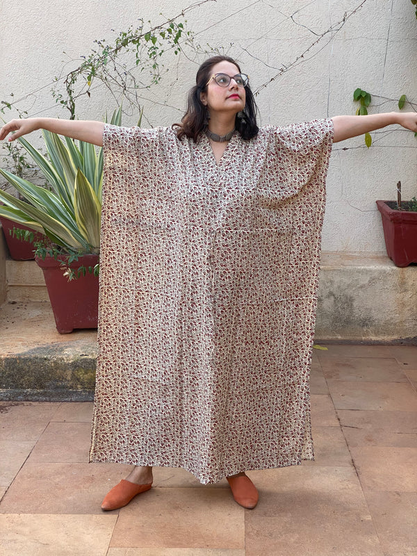 Ivory with Red leafy Motif Hand-Blocked Caftan with V-Neck, Cinched Waist and Available in both Knee and Ankle Length