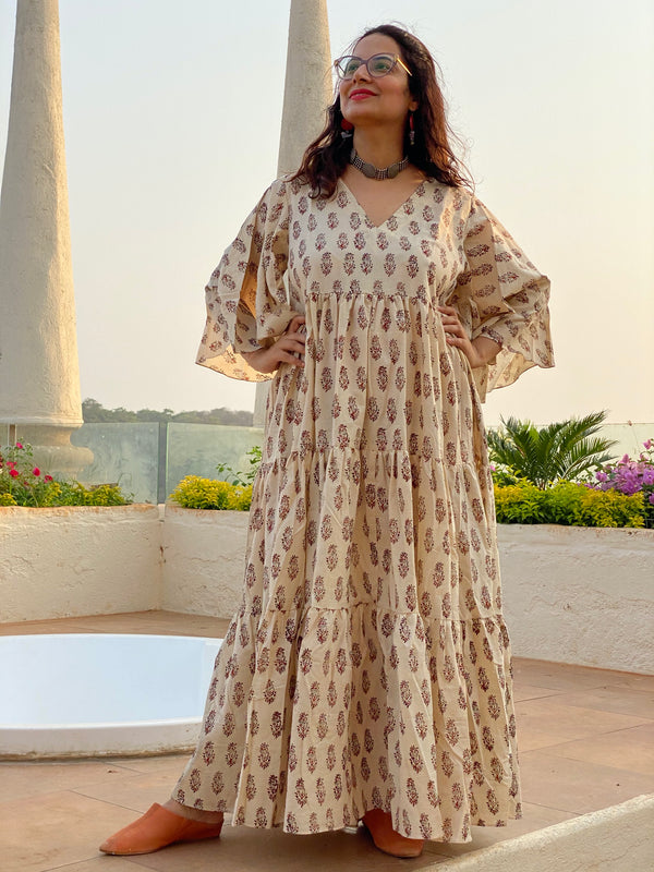 Ivory Red Paisley Motif Hand-Block Tiered Dress