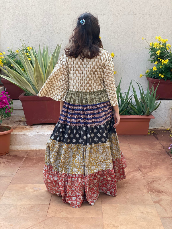 Mixed Colors Hand Block Printed Front Buttoned 5 Tiered Dress