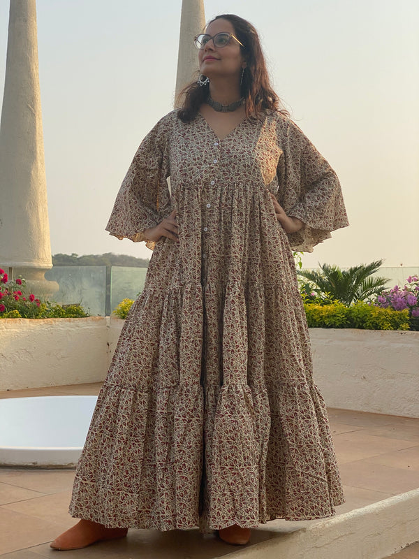 Ivory Red Tiny Leafy Motif Hand-Block Tiered Dress