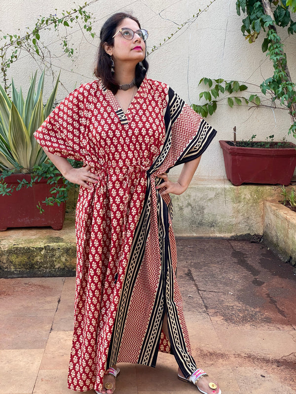 Red Black Bordered Hand Block Printed Caftan with V-Neck, Cinched Waist and Available in both Knee and Ankle Length