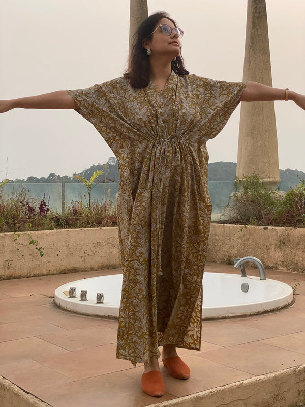 Mustard Floral Motif Hand-Blocked Caftan with V-Neck, Cinched Waist and Available in both Knee and Ankle Length