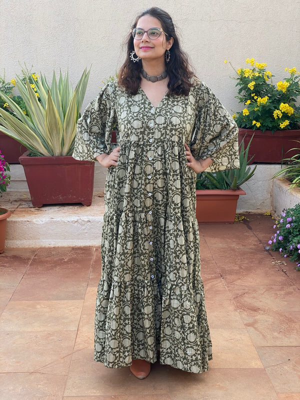 Green Lotus Motif Hand-Block Printed Tiered Dress