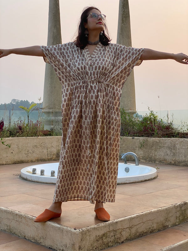 Cream Red Floral Motif Hand-Blocked Kaftan with V-Neck, Cinched Waist and Available in both Knee and Ankle Length
