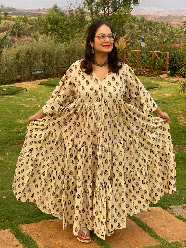 Ivory Black Paisley Motif Hand-Block Printed Front Buttoned Tiered Dress