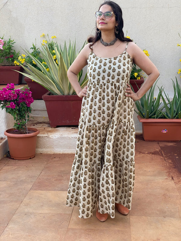 Spaghetti Ivory Gold Paisley Motif Hand-Block Printed Tiered Dress