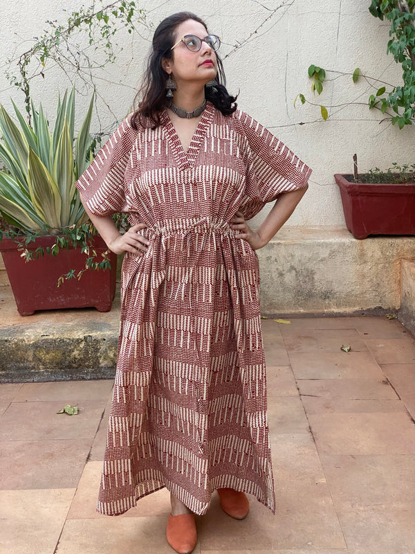 Red Geometric Motif Hand-Blocked Caftan with V-Neck, Cinched Waist and Available in both Knee and Ankle Length