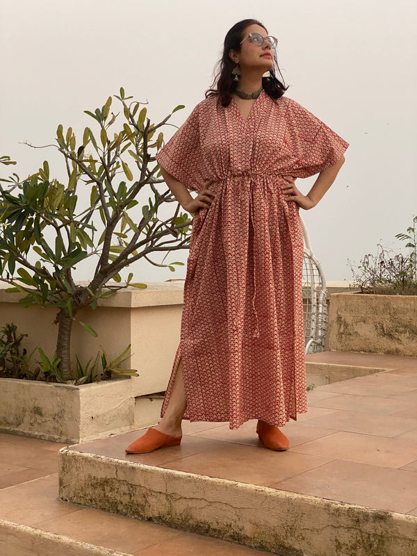 Red Triangle Motif Bordered Hand Block Printed Caftan with V-Neck, Cinched Waist and Available in both Knee and Ankle Length