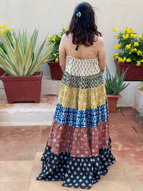 Mixed Patterns Hand-Block 5-Tier Spaghetti Maternity Dress