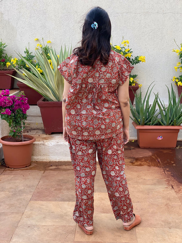 Red Floral Motif Hand Block Printed Organic Cotton Pajama Set | Available in both shorts and pants style